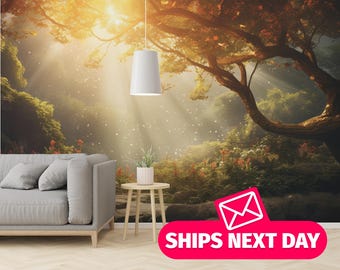 May include: A scenic wall mural depicting a sunlit forest with a large tree and rays of light. The image includes a gray sofa, a small wooden side table, and a white pendant lamp. The text "SHIPS NEXT DAY" is displayed on a pink background.