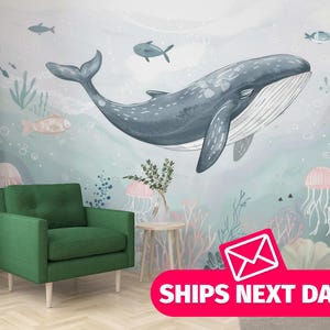 Watercolor Whale removable vinyl mural / Underwater Friends wallpaper - Peel & Stick or Non-pasted / Dreamy Sea Life mural print