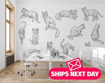 Cat Wallpaper Mural, Kitten Wall Decor, Peel and Stick Vinyl or Fabric