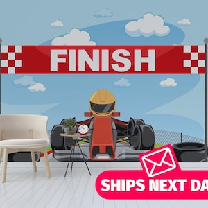 Mural de vinil removível Finish Line Racecar / Mural de papel de parede Formula Race / Impressão de mural infantil Grand Prix - Removível e colante ou sem cola