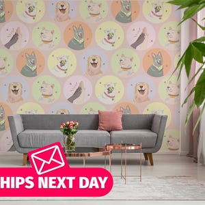 Peel and stick puppy mural with a collage of friendly, colorful cartoon dog faces in pink, green, yellow, and cream tones. Designed for playful kids’ interiors, dog-themed decor, or creative spaces. Available in custom color and size options, printed on peel and stick vinyl or non-pasted wallpaper, this mural offers a lighthearted and charming wall accent for animal lovers of all ages.