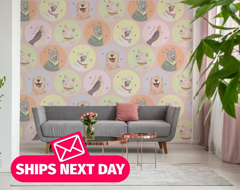 Peel and stick puppy mural with a collage of friendly, colorful cartoon dog faces in pink, green, yellow, and cream tones. Designed for playful kids’ interiors, dog-themed decor, or creative spaces. Available in custom color and size options, printed on peel and stick vinyl or non-pasted wallpaper, this mural offers a lighthearted and charming wall accent for animal lovers of all ages.