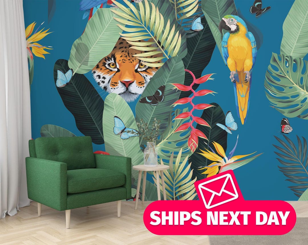 Tropical Animal Mural, Peel and Stick Wallpaper, Jungle Decor - Etsy