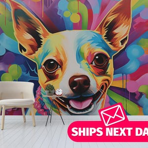 Colorful Dog removable vinyl mural / Peel and stick Chihuahua wallpaper mural - Peel & Stick or Non-pasted / Colorful Abstract mural print
