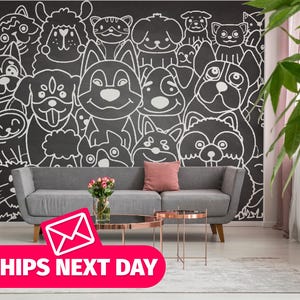 Chalk-Drawn Dogs removable vinyl mural / Playful Dogs wallpaper mural - Peel & Stick or Non-pasted / Black and White mural print