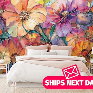 Stained Glass Floral Wallpaper Mural – Colorful Flowers, Peel & Stick