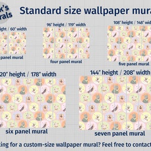 This graphic shows Jack's Murals' standard wallpaper mural panel sizes, with each panel measuring 30 inches wide. Available options include 2-panel, 3-panel, 4-panel, 6-panel, and 7-panel murals, with heights ranging from 96 to 120 inches. Custom sizes are available upon request, including tailored heights, widths, or full-wall coverage. Custom design and color requests are also welcome to match any room or aesthetic preference.