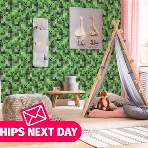Creeper Pattern removable vinyl mural / Pixel Green wallpaper mural / Block Building gamer mural print - Peel & Stick or Non-Pasted