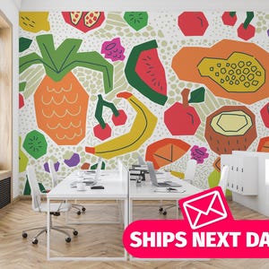 Bold Abstract Fruits removable vinyl mural / Colorful Funky Fruit wallpaper - Peel & Stick or Non-pasted / Playful Kitchen mural print