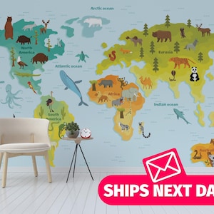 World map wallpaper mural / Cartoon Mural, Peel and Stick Removable Vinyl or Fabric, Non-pasted Wallpaper