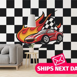 Checkered Fire Racing removable vinyl mural / Race Car and Flames wallpaper mural / Cartoon Hot Rod mural print - Peel & Stick or Non-Pasted