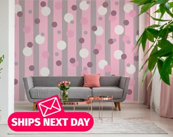 Mural de lunares a rayas rosas – Papel pintado autoadhesivo con lunares divertido
