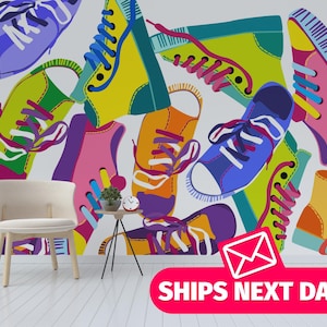 Murale in vinile rimovibile Sneakers / Carta da parati colorata Sneakers staccabile e adesiva / Stampa murale Scarpe - Staccabile e adesiva o non incollata