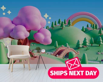 3D Cute Landscape Mural – Playful Toy Style Nature Peel & Stick Wallpaper