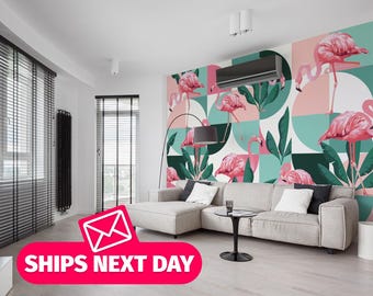 Flamingo Wallpaper Mural, Tropical Bird Wall Decor, Removable Vinyl or Fabric