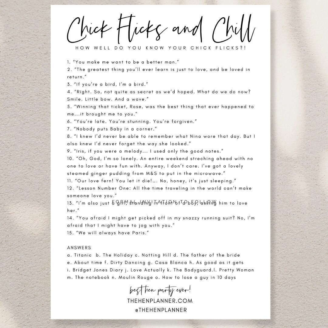 Hen Party Chick Flicks Movie Quiz Printable,digital Bridal Shower Game ...