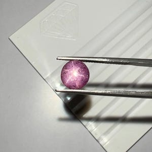 May include: A round, polished, pink star ruby gemstone is held by tweezers. The gemstone has a star-like effect in the center. The background is a white surface with a diamond shape.
