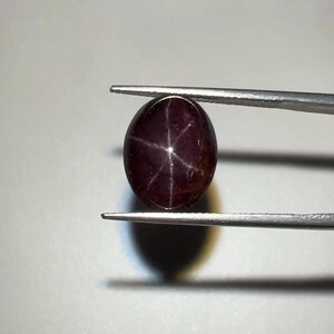 May include: A dark red oval gemstone with a six-rayed star pattern. The gem is held by silver tweezers against a light grey background. The star effect is created by light reflecting off of inclusions within the stone.