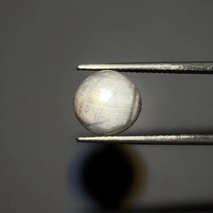 Op de afbeelding: Een ronde, gebroken witte edelsteen wordt vastgehouden door een zilveren pincet tegen een donkergrijze achtergrond. De edelsteen heeft een subtiele, parelmoerachtige glans en zichtbare interne structuren. De pincet is scherp.