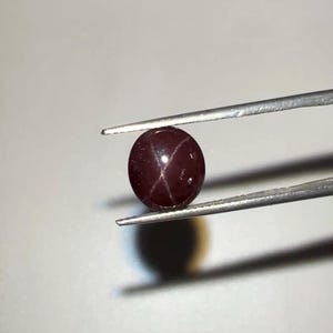 May include: A spherical, deep red gemstone with a star-shaped design, held by silver tweezers. The gem has a polished finish and is likely a garnet. The background is a plain, light colour, accentuating the gem's colour and form.