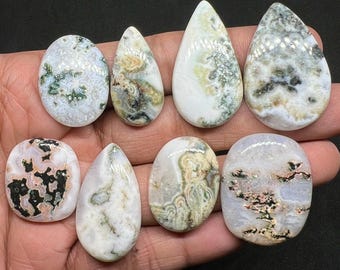 8 Pes. Lot Natural Solar Moss Agate Cabochon Mix Shape Moss Agate Handmade Gemstone Moss Agate Loose Stone Moss Agate Pendant Jewelry Making