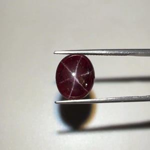 May include: A dark red, oval gemstone held by tweezers. The gem has a six-ray star pattern across its surface. The stone is a rich, dark colour, and the tweezers are silver.