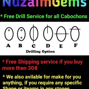 Puede incluir: Fondo negro con el texto colorido "NuzaimGems". Se muestran diagramas de opciones de perforaci&oacute;n para cabujones, etiquetados de la A a la F. El texto dice "Free Drill Service for all Cabochons".
