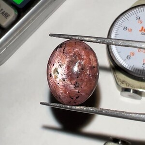 Puede incluir: Una gema ovalada pulida, que muestra inclusiones rosas, marrones y negras. La gema est&aacute; sujeta con pinzas, con un calibrador de gemas y una balanza en el fondo. La superficie de la gema tiene una apariencia texturizada.