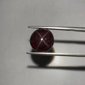 May include: A round, dark red gemstone with a star-like pattern, held by a pair of silver tweezers. The gem has a polished surface and a deep, rich color. The star effect is created by light reflecting off inclusions within the stone.