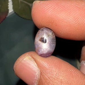 Könnte beinhalten: Ein ovaler Cabochon-Edelstein mit einem durchscheinenden hellvioletten Farbton und einem sichtbaren sternförmigen Asterismus-Effekt. Der Stein weist eine deutliche dunkelbraune Einschlüsse in der Mitte sowie eine glatte, polierte Oberfläche auf.