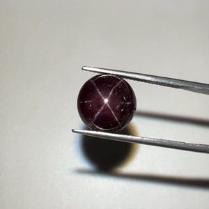May include: A spherical, deep red gemstone displaying a star-shaped pattern. Held by tweezers, the gem's star effect is due to internal inclusions. The background is plain. The gem is likely a cabochon cut.