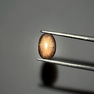 May include: A polished, oval-shaped gemstone held by tweezers. The gem has a warm, golden-brown color with a subtle sheen. The background is a neutral gray, highlighting the gem's shape and color.
