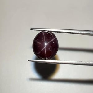 May include: A deep red, oval gemstone with a star-like pattern, held by tweezers. The gem has a polished surface and appears to be a star garnet. The tweezers are silver-coloured and the background is a light grey.