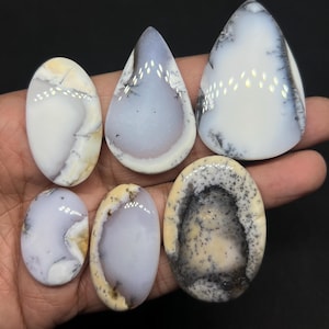 May include: Six polished gemstones in different shapes, including oval and teardrop. The stones display a mix of white, pale blue, and cream hues with detailed, natural patterns. The gemstones are held in a hand against a dark background.
