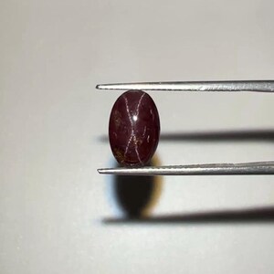 May include: A deep red, oval gemstone with a star pattern, held by silver tweezers. The polished gem has a rich colour. The star effect is created by intersecting lines across the stone. The gem is likely a cabochon.