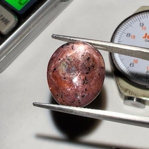 Puede incluir: Una gema pulida de forma ovalada sujeta con pinzas. La gema es una mezcla de marr&oacute;n rojizo y rosa con inclusiones oscuras. Un calibrador est&aacute; en el fondo. La gema se est&aacute; midiendo.