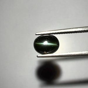 May include: A dark green, oval-shaped gemstone held by silver tweezers. The gem has a prominent, bright, horizontal band of light across its center, creating a cat's eye effect. The stone's shadow is visible below.