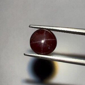 Può includere: Una gemma rotonda, rosso scuro, tenuta da una pinzetta. La gemma ha un motivo a forma di stella sulla sua superficie. Le pinzette sono color argento e lo sfondo è grigio chiaro.