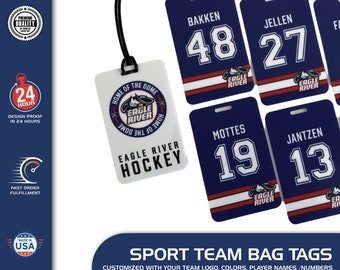 Customized Sport Bag Tag for Teams - Single Sided or Double Sided - 4 Design Options - Personalized Name, Team Logo, Number - Luggage Tag