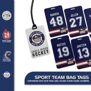 Customized Sport Bag Tag for Teams - Single Sided or Double Sided - 4 Design Options - Personalized Name, Team Logo, Number - Luggage Tag