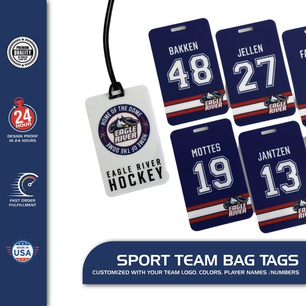 Customized Sport Bag Tag for Teams - Single Sided or Double Sided - 4 Design Options - Personalized Name, Team Logo, Number - Luggage Tag