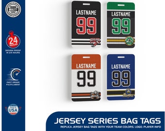 Hockey Jersey Bag Tags - Single or Double Sided - 4 Design Options - With Your Team Logo, Colors, Player Name, Number - Customized - college