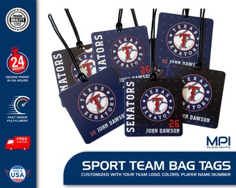 Square Custom Sport Bag Tag Single or Double Sided - Personalized to your team - Hockey, Baseball Softball Soccer Basketball Volleyball