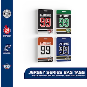 Hockey Jersey Bag Tags - Single Sided or Double Sided - 4 Design Options - With Your Team Logo, Colors, Player Name, Number - Customized