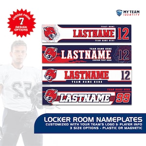 May include: Locker room nameplates with a team logo and player info. The design options include a red jaguar head, player's last name, and number. Available in 3 sizes, plastic or magnetic.