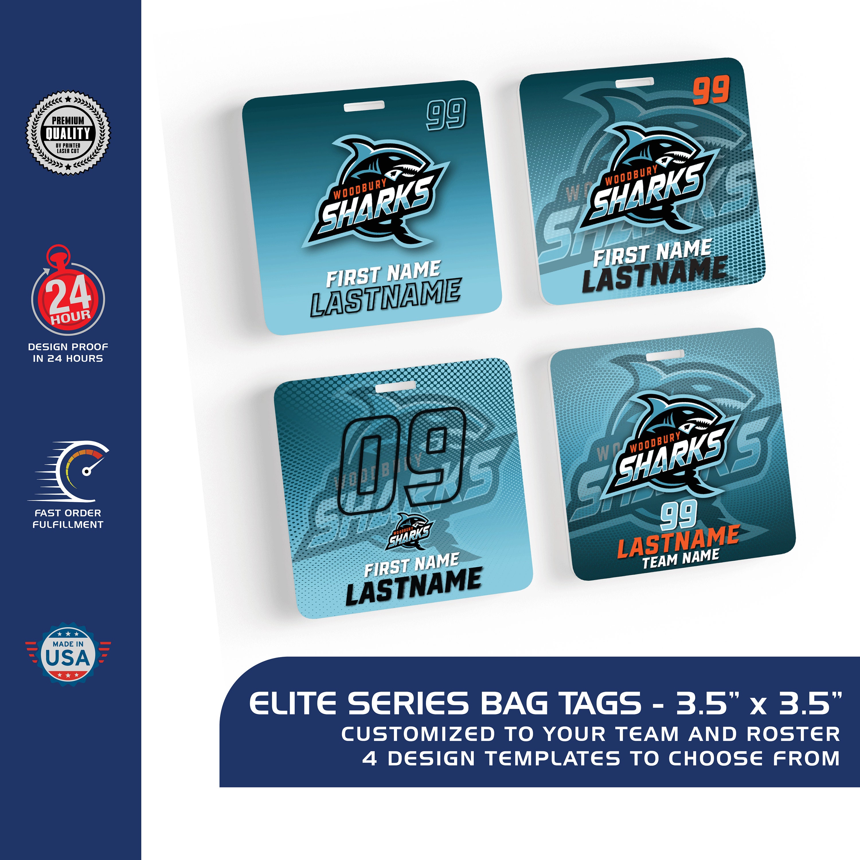 ELITE SERIES – Custom Sports Bag Tags –Square - Personalized 3.5" x 3.5" Durable Name Tags for Teams, Players & Coaches, college