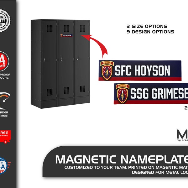 MAGNETIC Locker Nameplate - 2x8", 2x10", 2x12" - Team Logo, Name + Number  - for metal lockers - 9 design options - high school