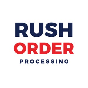 Può includere: Un design grafico che presenta il testo RUSH ORDER in lettere maiuscole in grassetto, con RUSH in blu scuro e ORDER in rosso, seguito dalla parola PROCESSING in lettere maiuscole più piccole di colore blu scuro centrate sotto il testo.