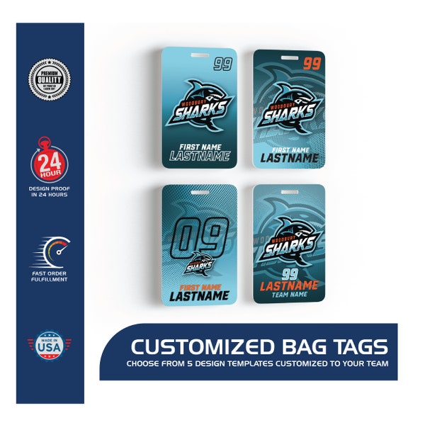 Elite Series - Custom Bag Tag with Team Logo, Player Name + Number, Personalized to your Team, Customized, Single or Double Sided, Sport