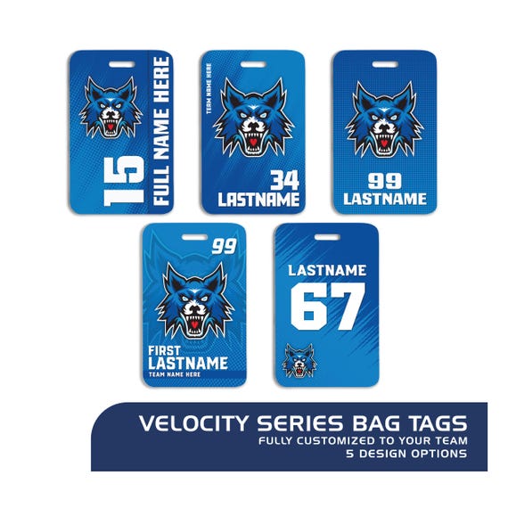 Velocity Series - Customized Bag Tags Branded to your Team with Logo, Team Colors, Player Name + Number,  personalized - 5 design options